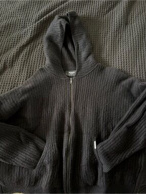 Men's Hooded Full-Zip Ribbed Sweater Jacket - Black